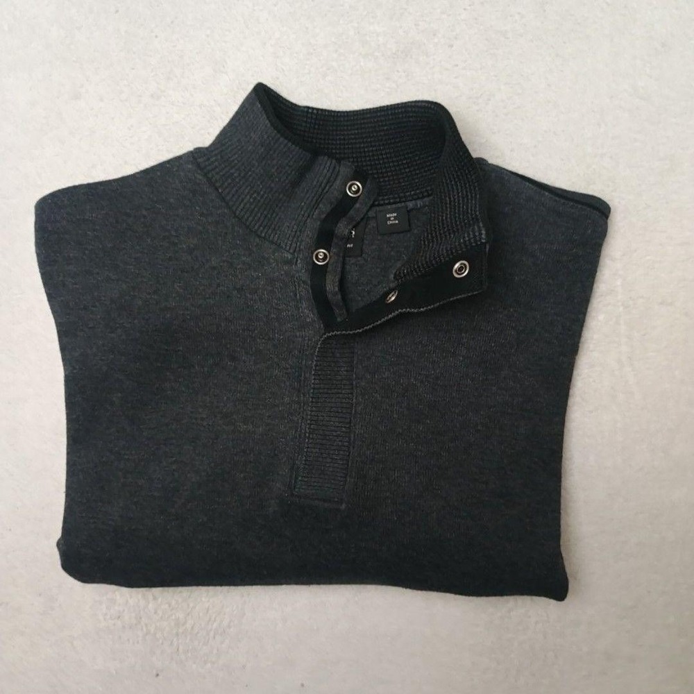 Hugo Boss Pullover Mens M Gray Picano Mock Neck Quarter Snap Cotton Logo Work